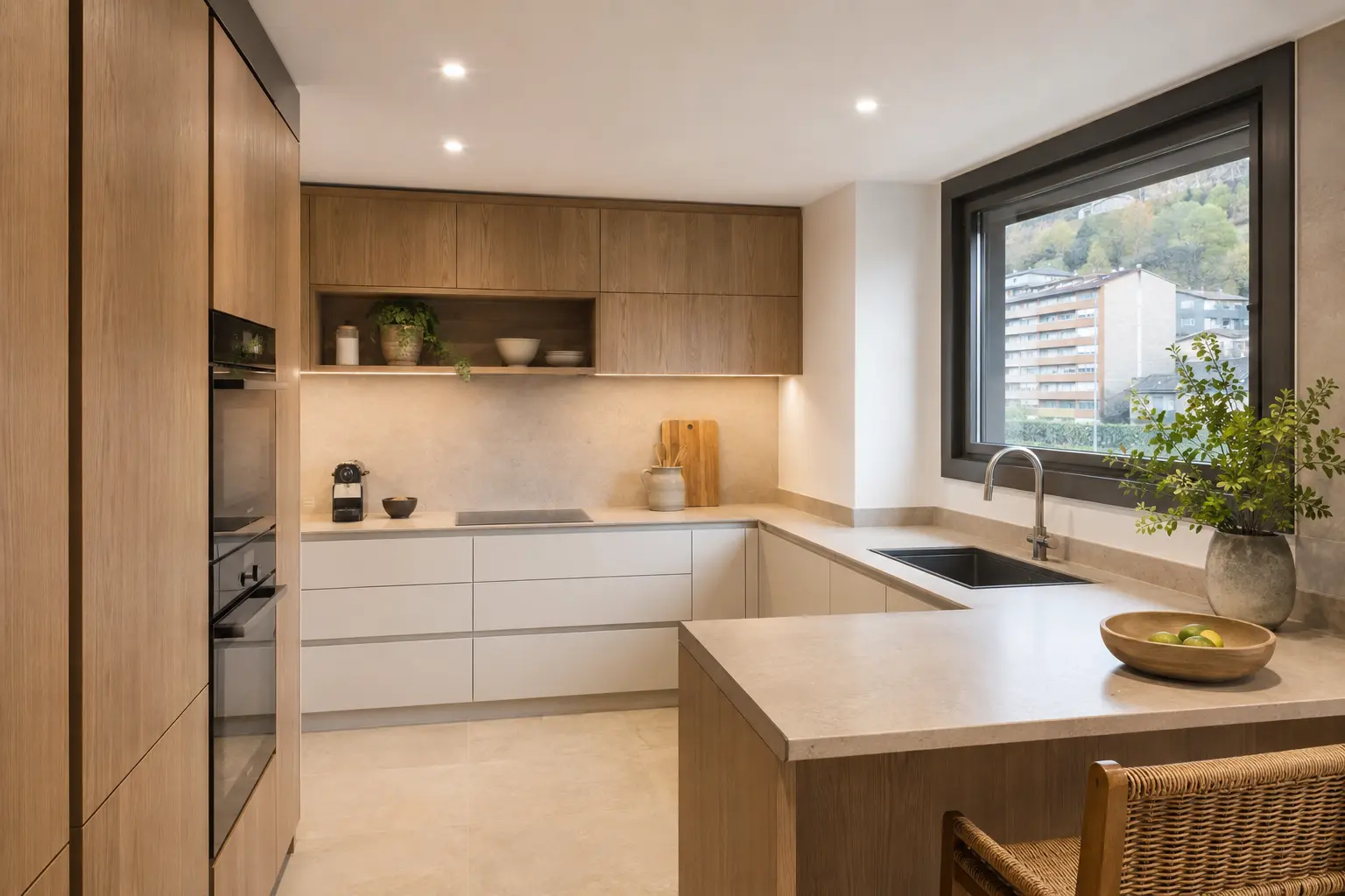 Cocina contemporánea de tonos neutros y acabados de madera