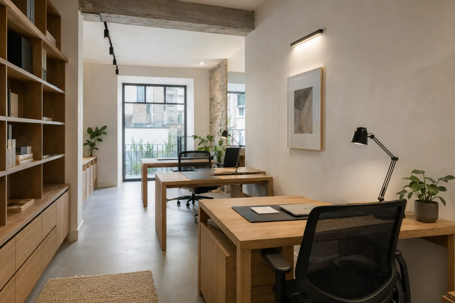 Espacio de trabajo contemporáneo con materiales naturales
