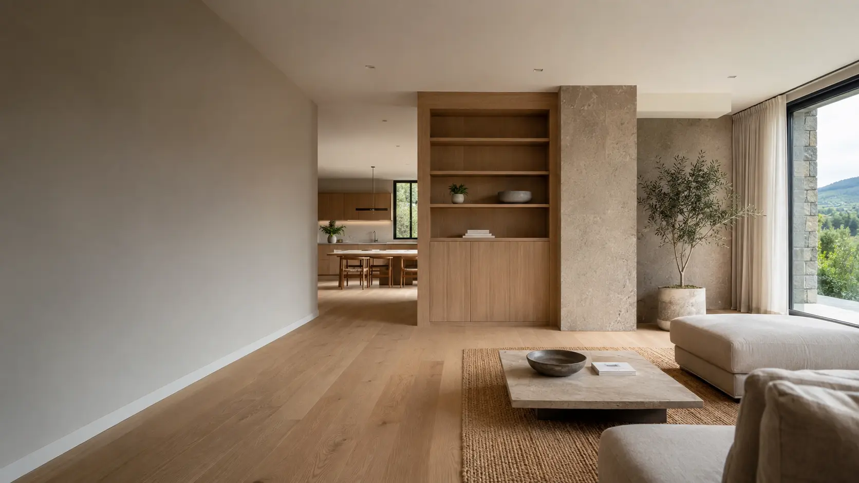Espacio residencial abierto con madera, piedra y luz natural
