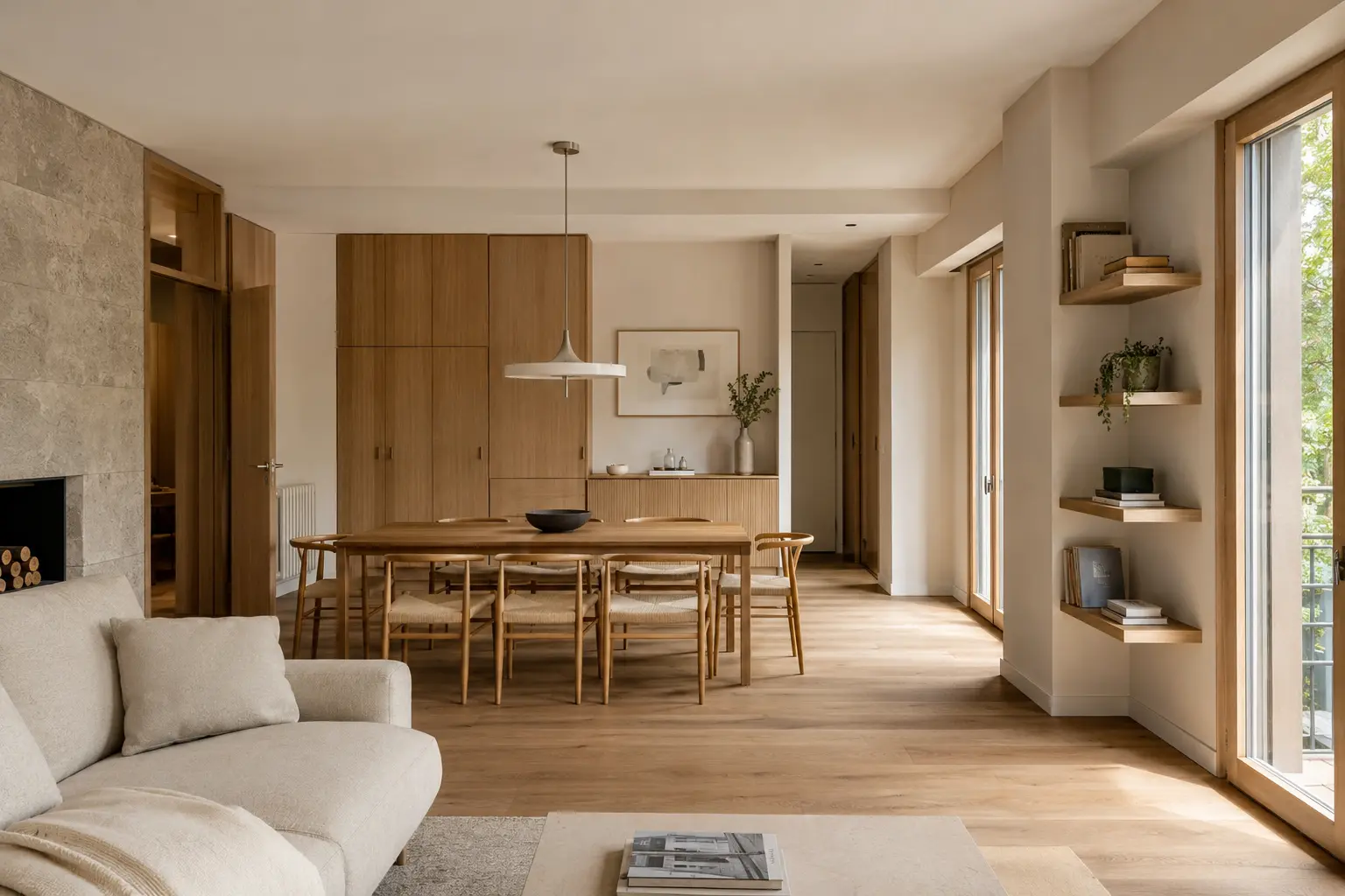 Interior residencial contemporáneo con madera y luz natural
