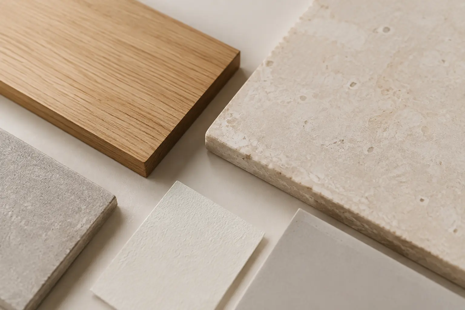 Muestras de madera, piedra y acabados en tonos neutros